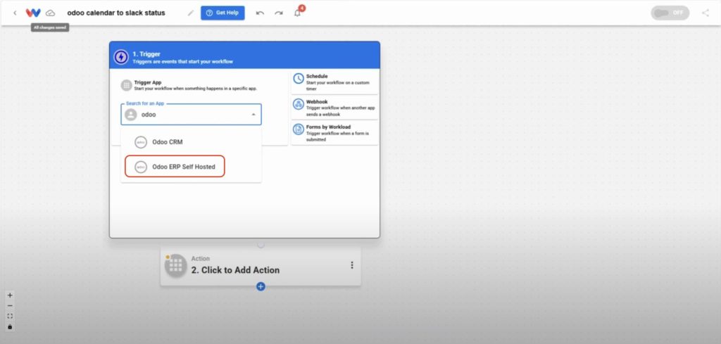 Selecting Odoo ERP Self Hosted as the trigger application in Workload.
