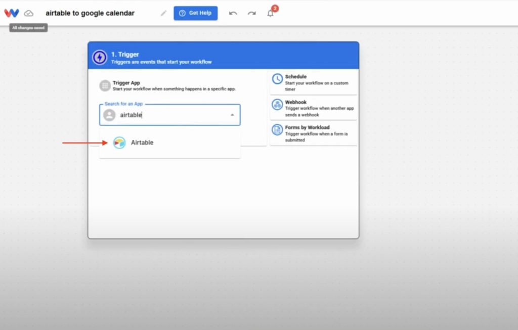 Selecting Airtable as the trigger app for sending Airtable Records into Google Calendar Events