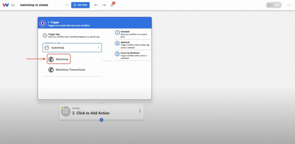 Choose Mailchimp as the trigger app to begin setting up how you’ll track new subscribers.