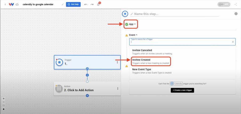 Editor view of Workload platform with red arrows pointing to trigger app selection and trigger event selection.