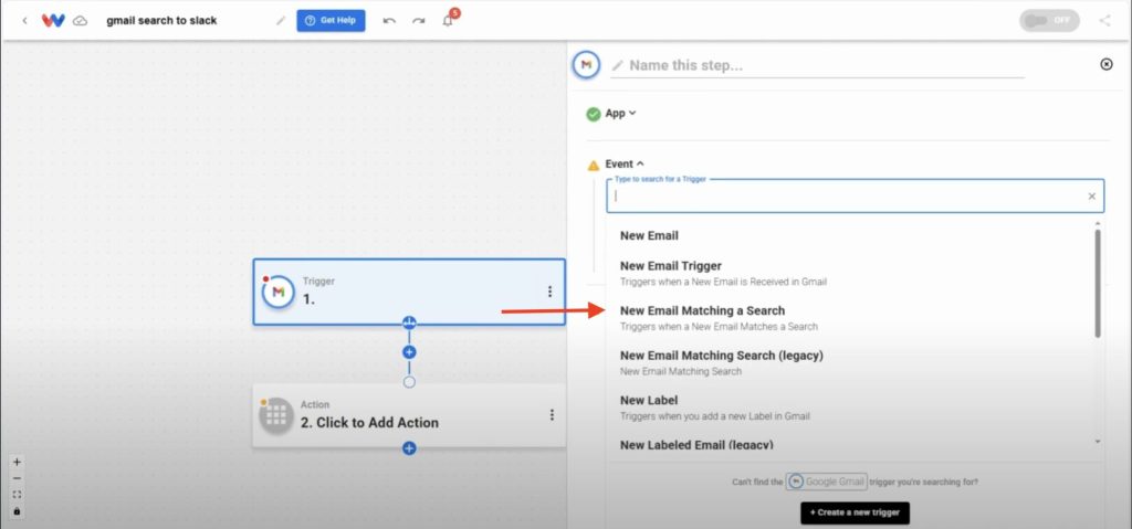 Editor view of Workload platform with red arrow pointing to "New Email Matching a Search" option within the "Event" menu.