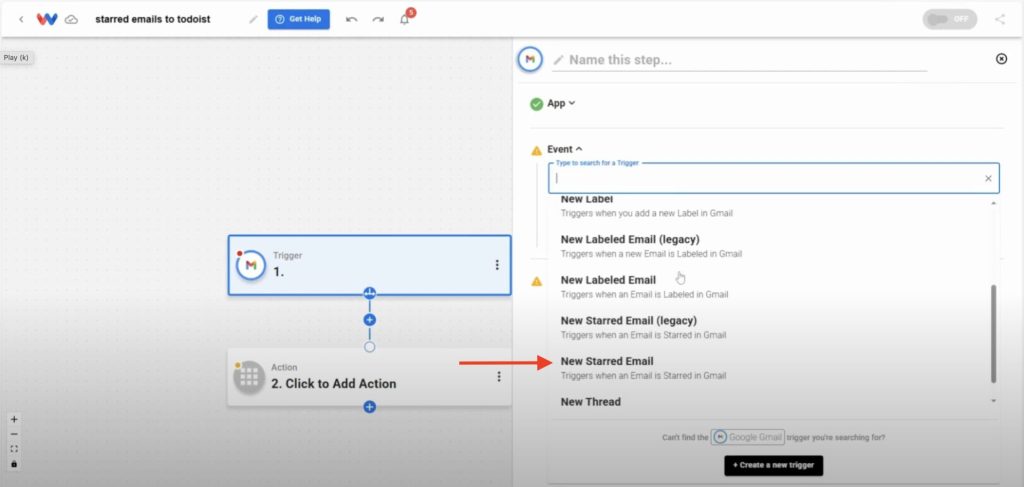 Selecting the “New Starred Email” trigger from the Gmail app in Workload's automation builder.