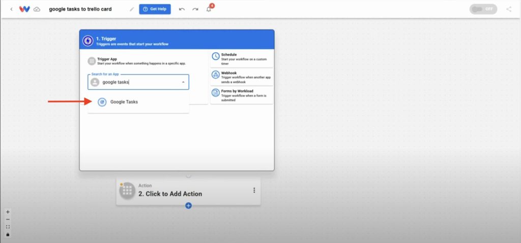 Selecting Google Tasks as the trigger app during setup to create cards from Google Tasks.