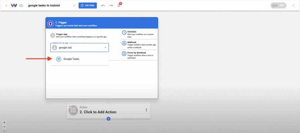 Choose the trigger app to start building your workflow in Workload.