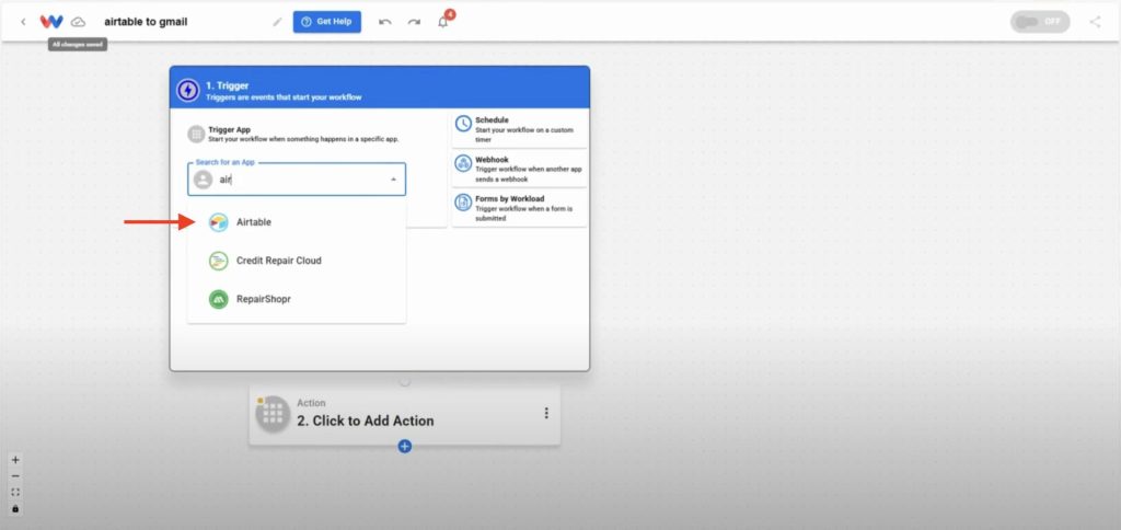 Selecting Airtable as the trigger app for the workflow setup in Workload