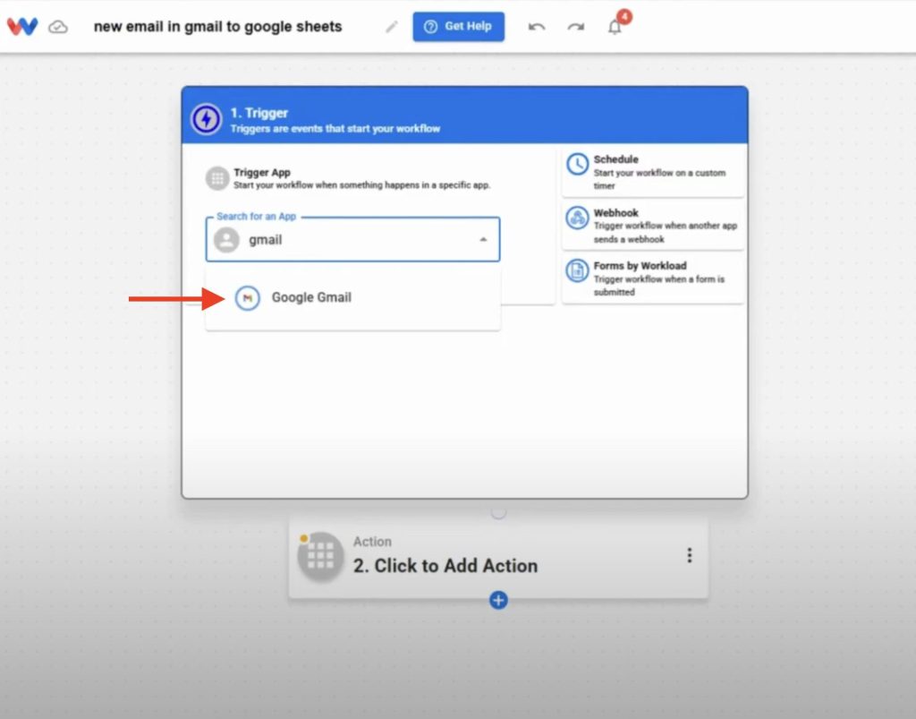 Selecting Google Gmail as the trigger app to log Gmails to Sheets automatically.