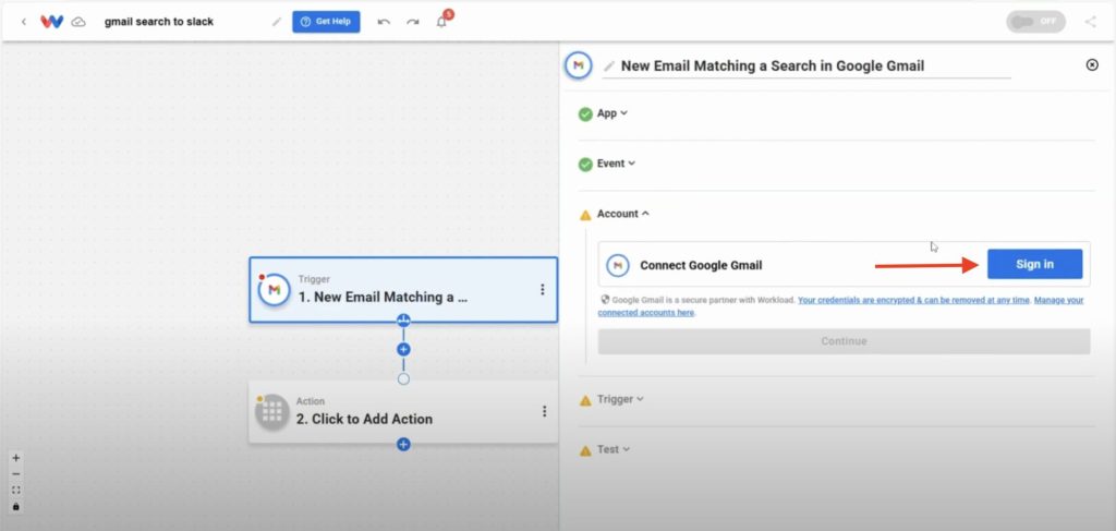 Editor view of Workload platform with a red arrow pointing to the "Sign in" button.