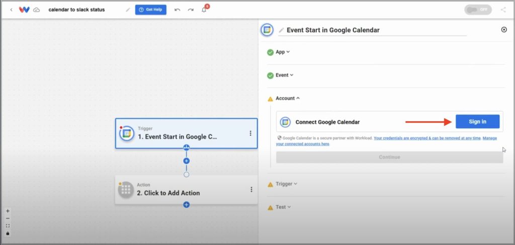 Click "Sign in" to securely connect your Google Calendar account.