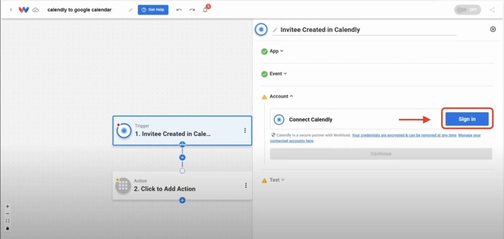 Editor view of Workload platform with red arrow pointing to the Sign in button to connect a Calendly account.