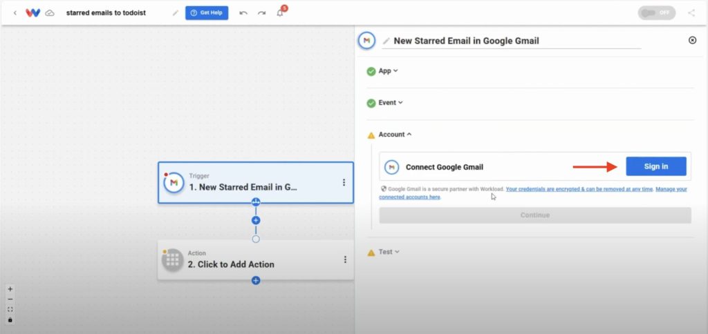 Connecting your Gmail account by signing in to authorize the New Starred Email trigger in Workload.