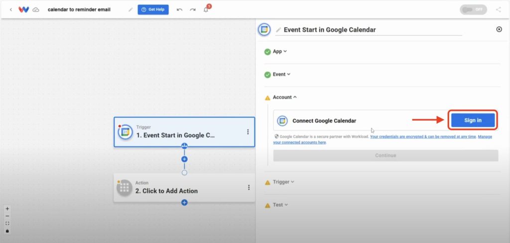 Editor view of Workload platform with red arrow pointing to the "Sign in" button used to connect Google Calendar account of Gmail Reminder Before Calendar Event workflow.