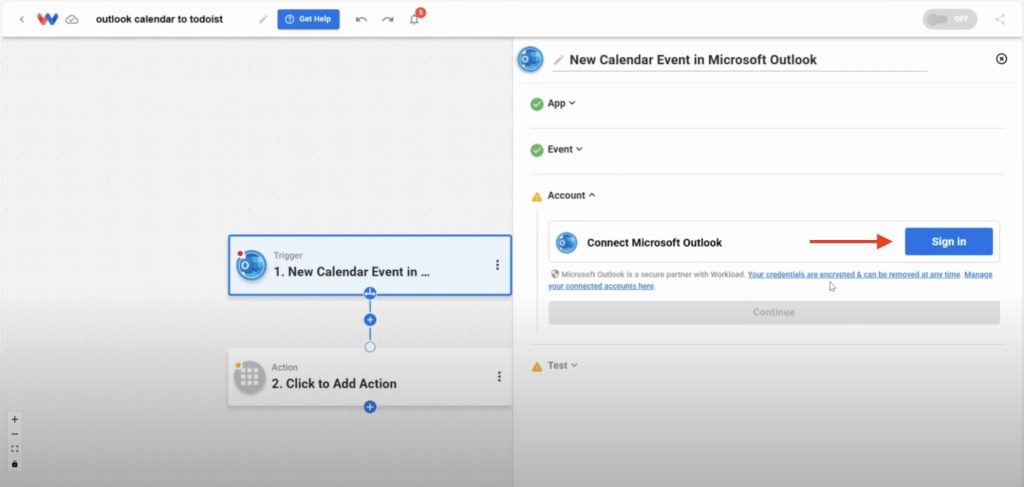 Connect Microsoft Outlook step for setting up events with Todoist tasks.