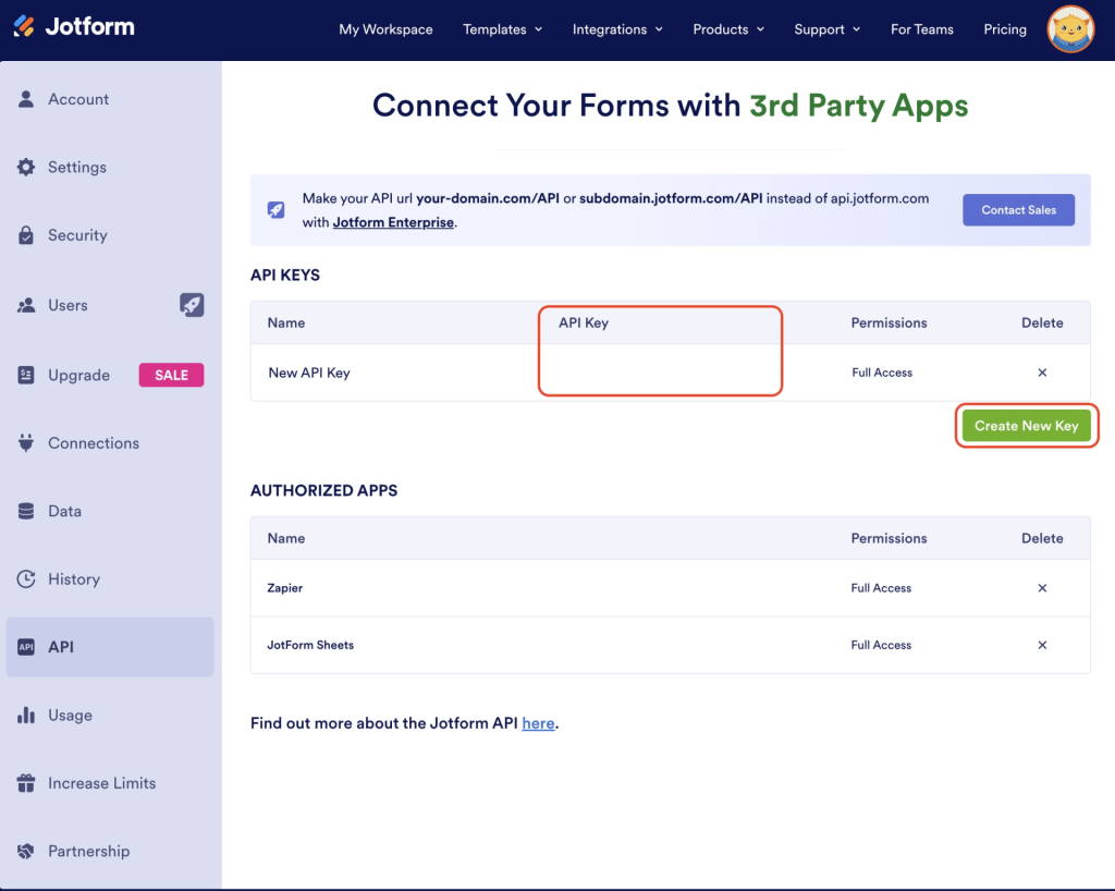 Copy your existing Jotform API Key or create a new one with full access permissions