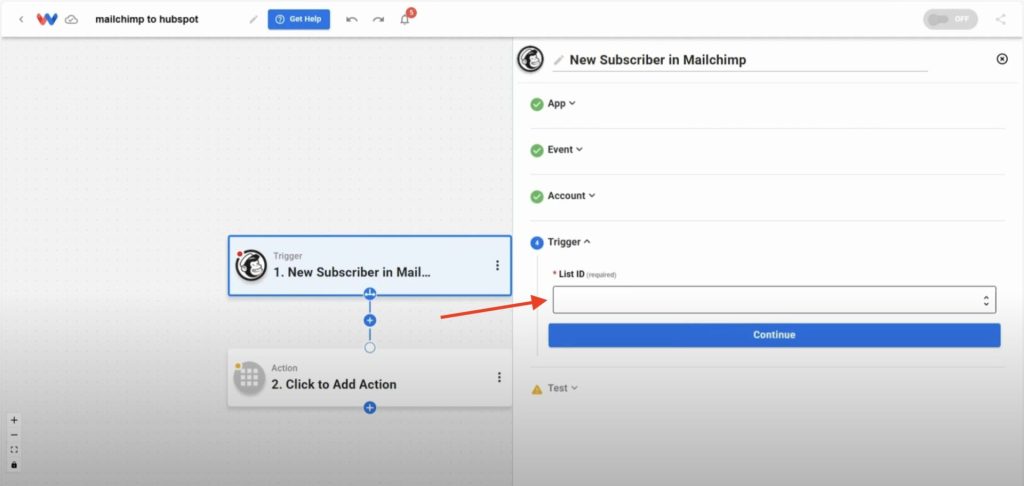 Select a Mailchimp list for the trigger to monitor.