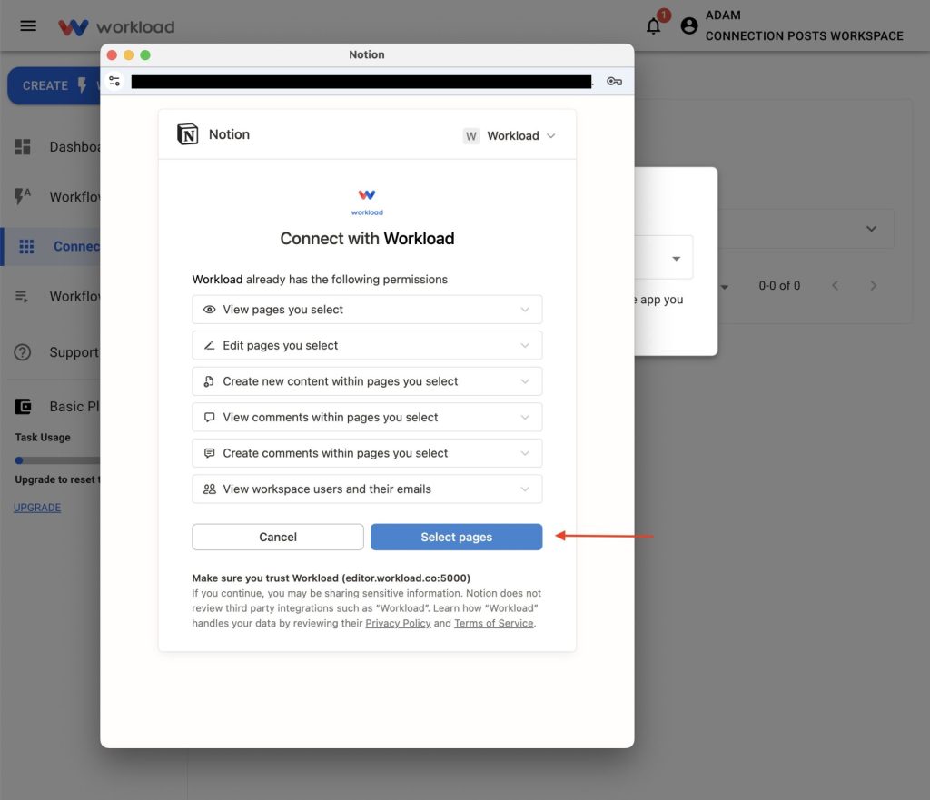 Permissions screen showing selectable Notion pages and Select pages button to Connect Notion to Workload.