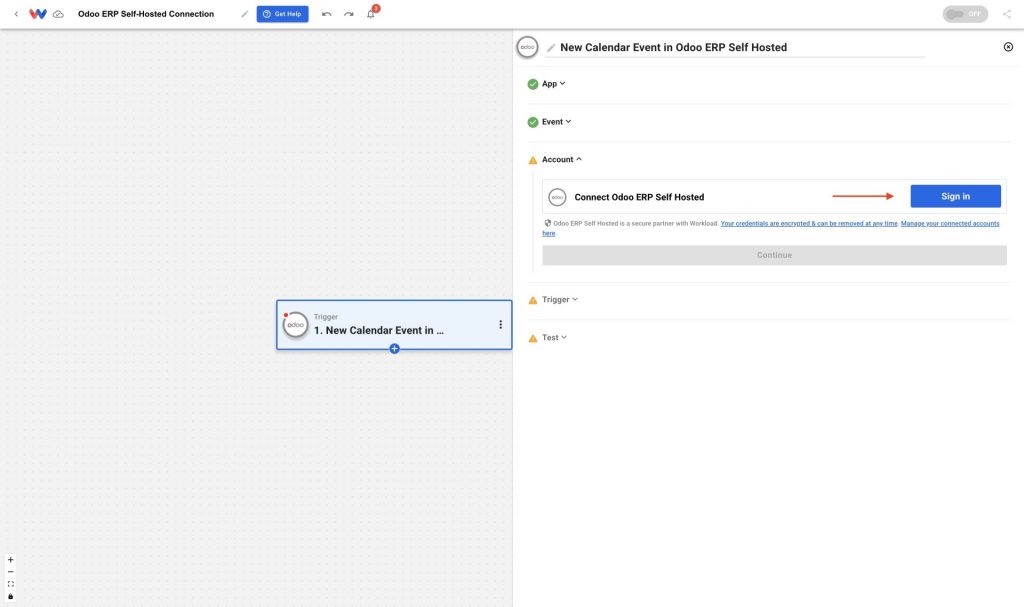 Sign in to Odoo ERP Self-Hosted from the Account tab in a Workload workflow step.
