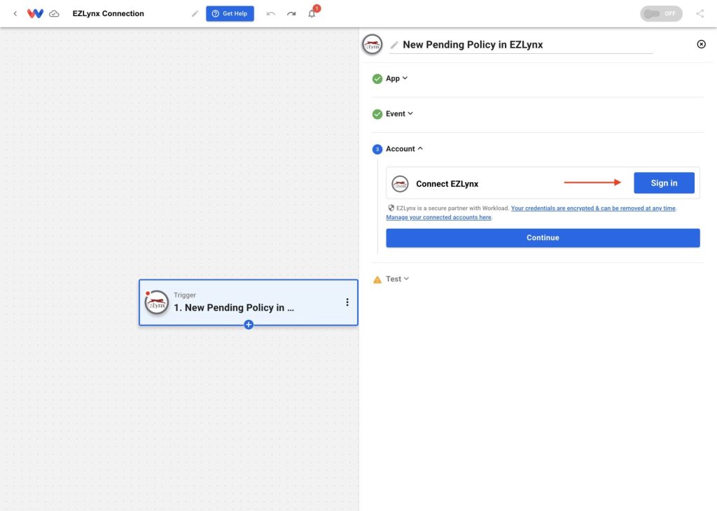 Add an EZLynx step and then click "Sign in".