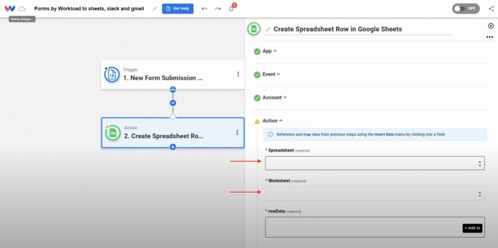 Pick the destination spreadsheet where new rows from form submissions will be added.