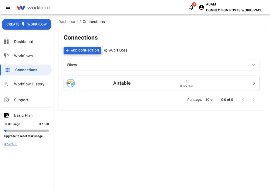 Airtable successfully connected—your account now appears in the list of active connections in Workload, confirming you’ve connected Airtable to Workload.