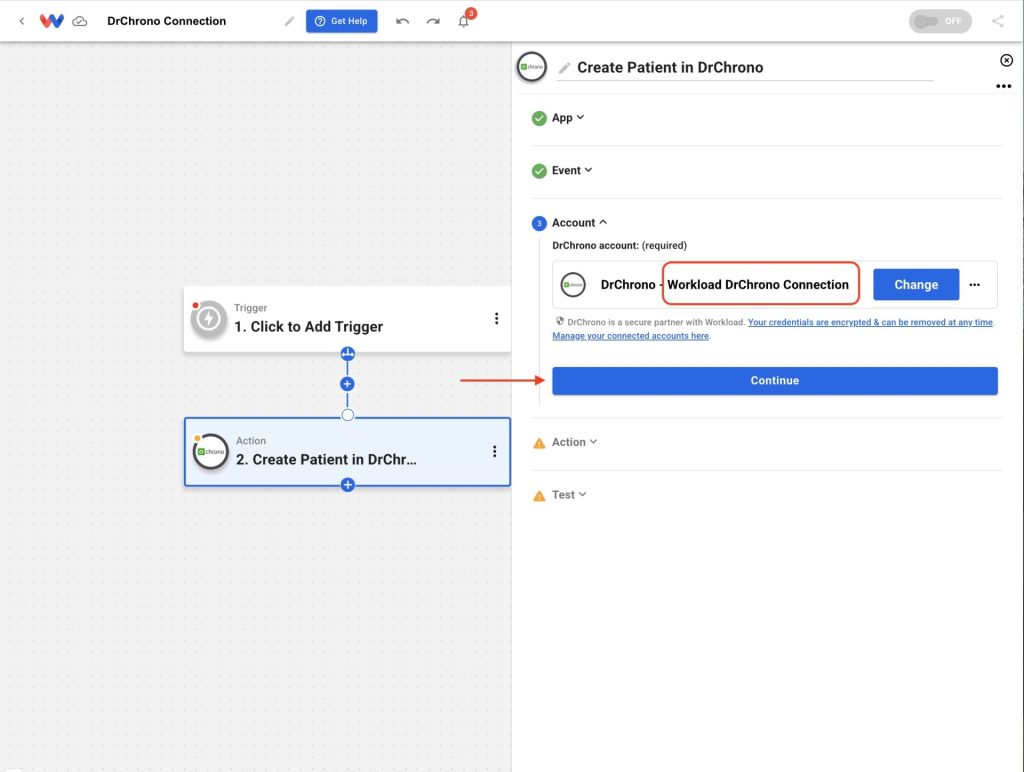 DrChrono account successfully connected and selected inside the workflow step