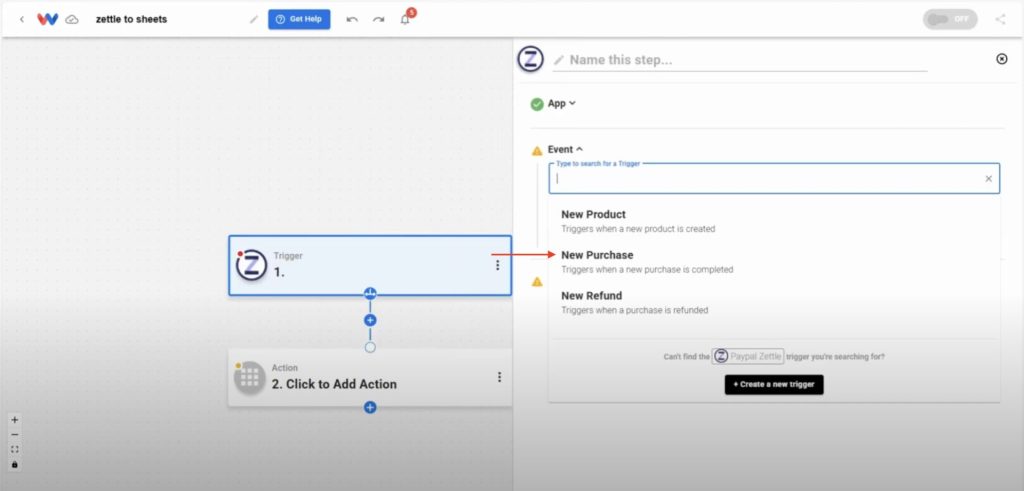 Choosing the “New Purchase” trigger event in PayPal Zettle to launch the automation whenever a sale is made