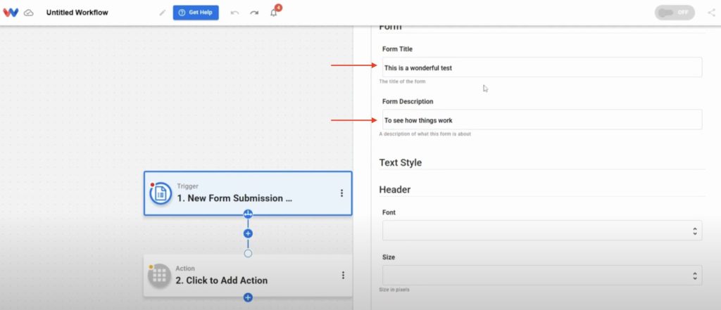 Enter a form title and description to explain its purpose and guide the user through submission.