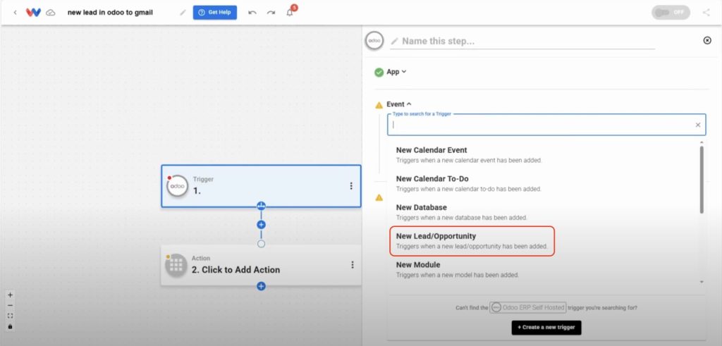 Choosing New Lead or Opportunity trigger to Email New Odoo Leads in Workload.