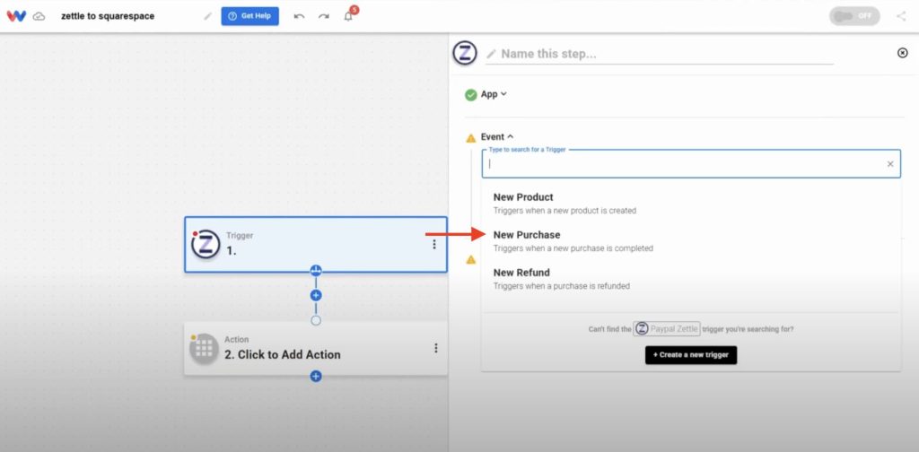 Selecting 'New Purchase' event in Zettle to detect real-time triggers for Squarespace stock updates