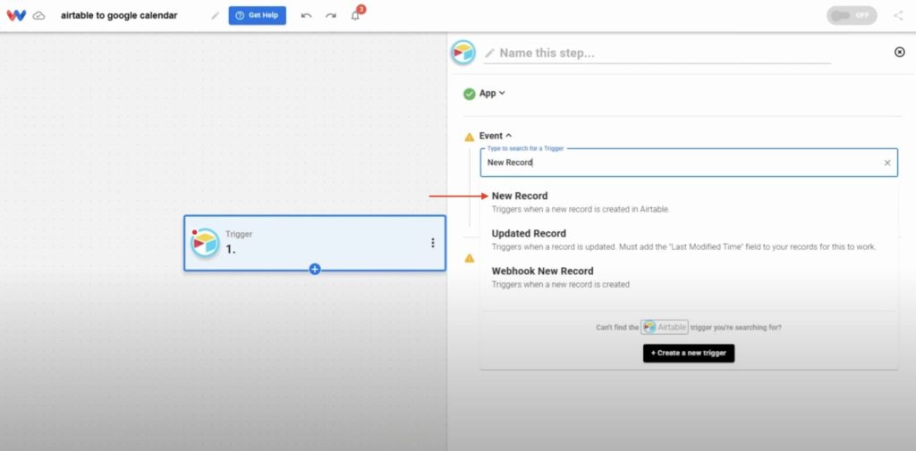 Choosing “New Record” as the Airtable trigger for Airtable Records into Google Calendar Events