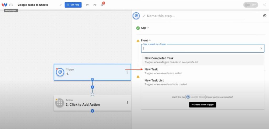 Selecting the "New Task" event from the list of triggers in Google Tasks
