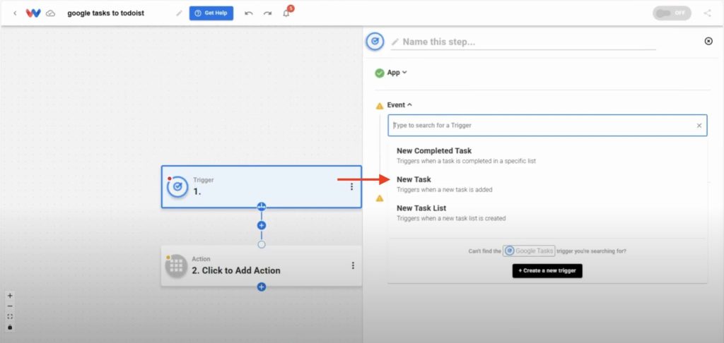 Selecting the “New Task” trigger event in the Workload automation editor.