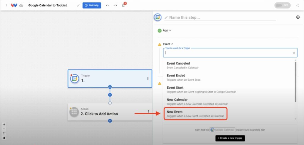 Editor view of Workload platform with red arrow pointing to New Event selection in dropdown menu.