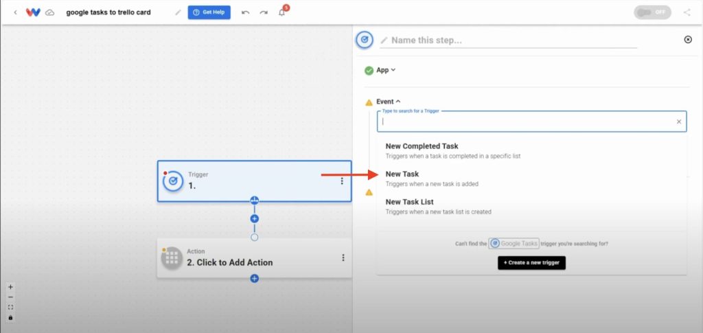 Choosing “New Task” as the trigger event in Google Tasks to automate Trello card creation.