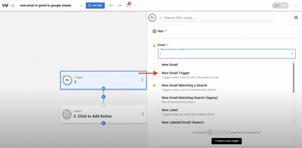 Choosing “New Email Trigger” as the Gmail event to capture incoming messages.