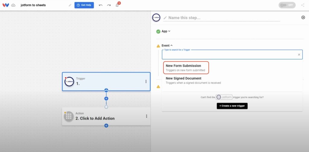 Choose the “New Form Submission” event to start your automation whenever someone submits a form in Jotform