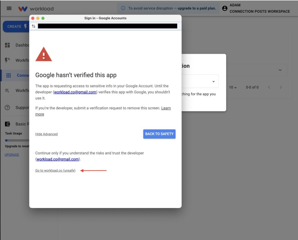 Clicking âGo to workload.co (unsafe)â to Link a Google Sheets Account to Workload