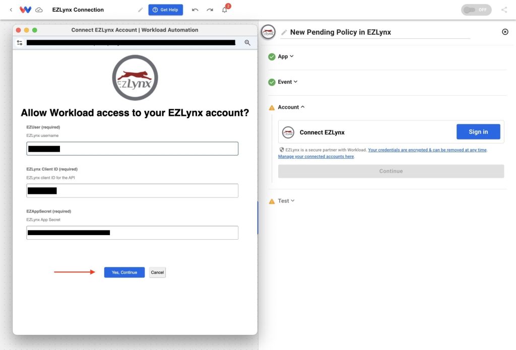 Enter EZLynx credentials in the sign-in window to connect EZLynx to Workload