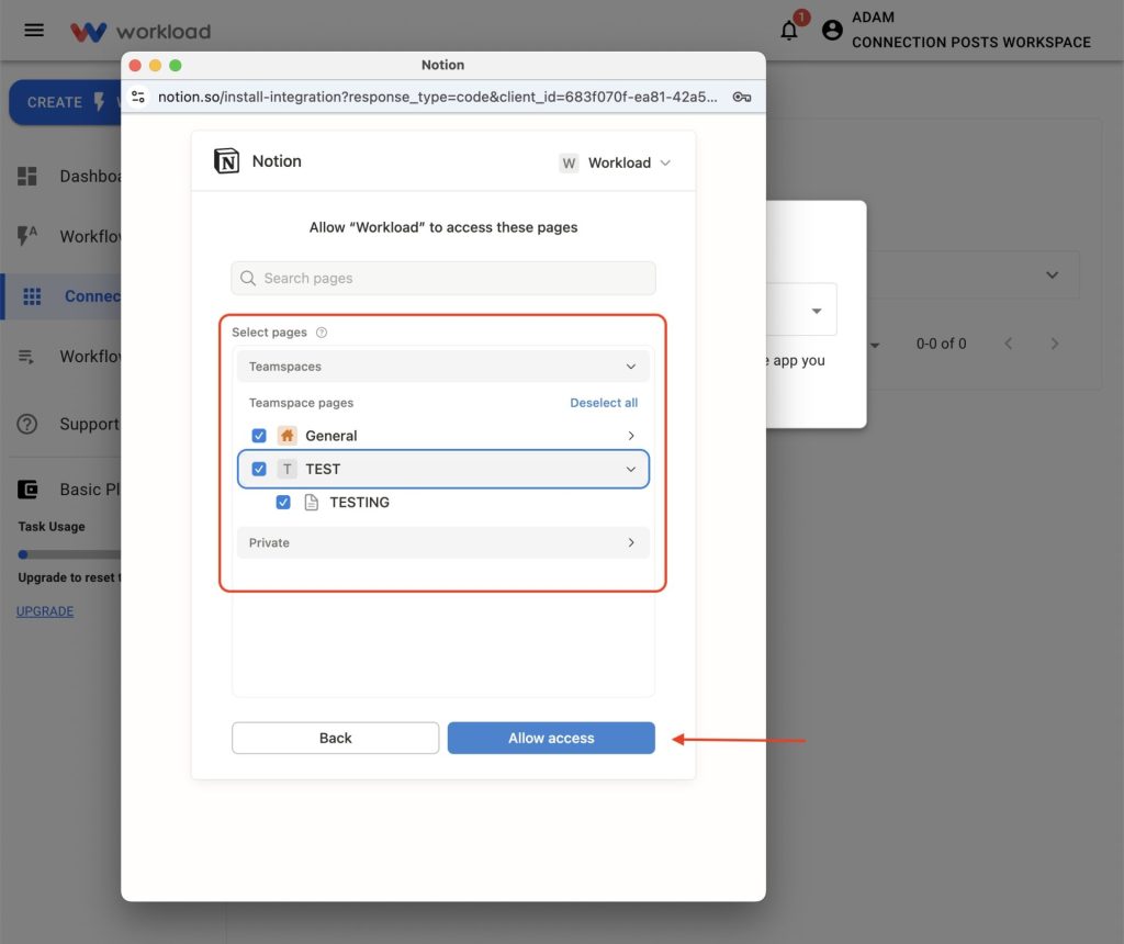 Authorization screen with Allow access to grant Workload permissions in Notion.