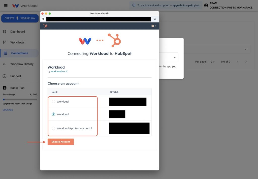 Choose your HubSpot account from the list to Connect HubSpot to Workload.