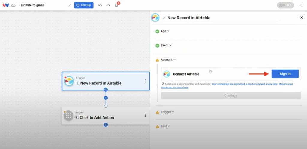 Connecting Airtable account to Workload for automation integration