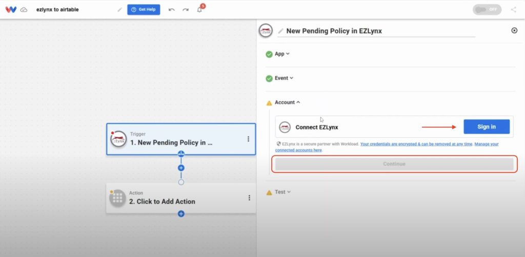 Sign in to your EZLynx account to connect it with Workload and allow data transfer.