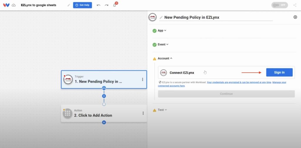 Click “Sign In” to connect your EZLynx account securely to Workload.