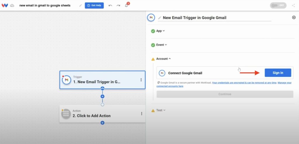 User clicks “Sign in” to connect their Gmail account securely to Workload.