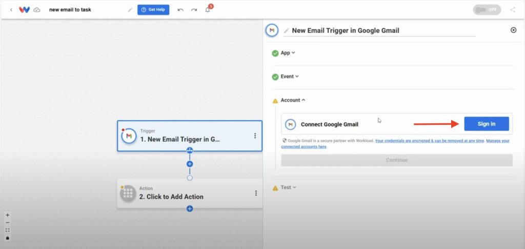 Sign in to securely connect your Gmail account to Workload before configuring the email trigger.