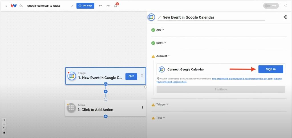 Connecting Google Calendar account to begin building the automation.