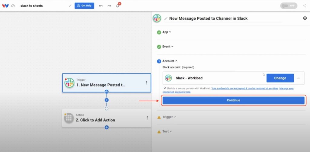 Connect your Slack account to begin syncing messages with Google Sheets in your Slack to Google Sheets workflow.