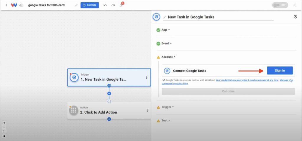 Sign-in prompt for connecting Google Tasks to Workload during automation setup.