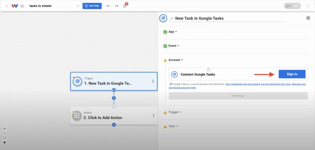 Clicking Sign In to connect Google Tasks to Workload