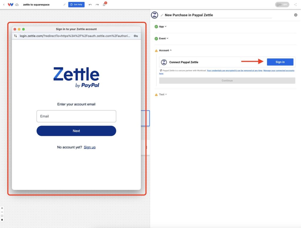 Zettle sign-in prompt to connect your sales data before syncing it with Squarespace inventory