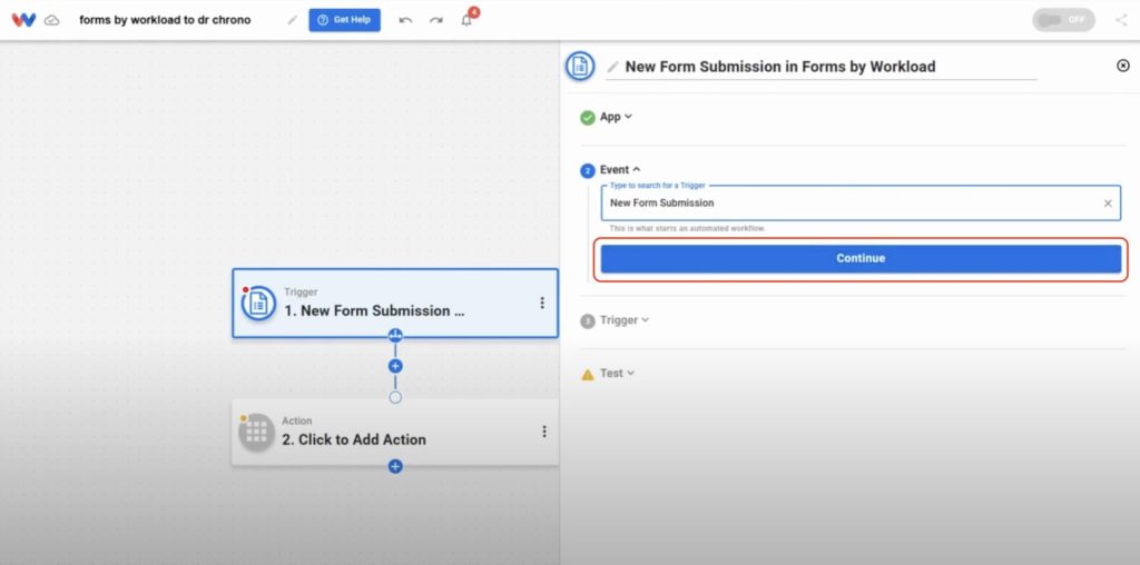 Confirm your trigger settings by clicking the Continue button after selecting your form.
